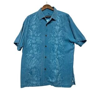 Tommy Bahama Mens XL Blue Silk Hibiscus Floral Camp Shirt Short Sleeve Button Up